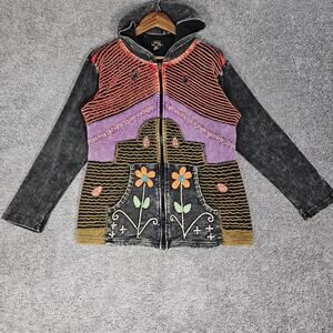 Rising International Hoodie Womens XL Black Full Zip Embroidered Boho Stone Wash